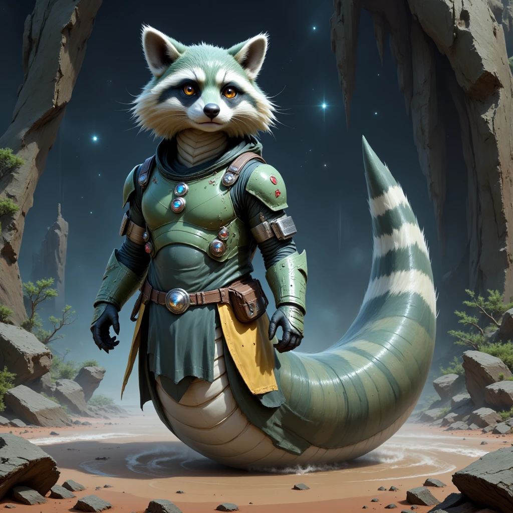 <lora:NagaFlux:1>comic style, a naga is a snake-like humanoid creature. An image of a Rocket Raccoon naga, in a location that can be described with the keywords cave, holding a Yari, medium shot