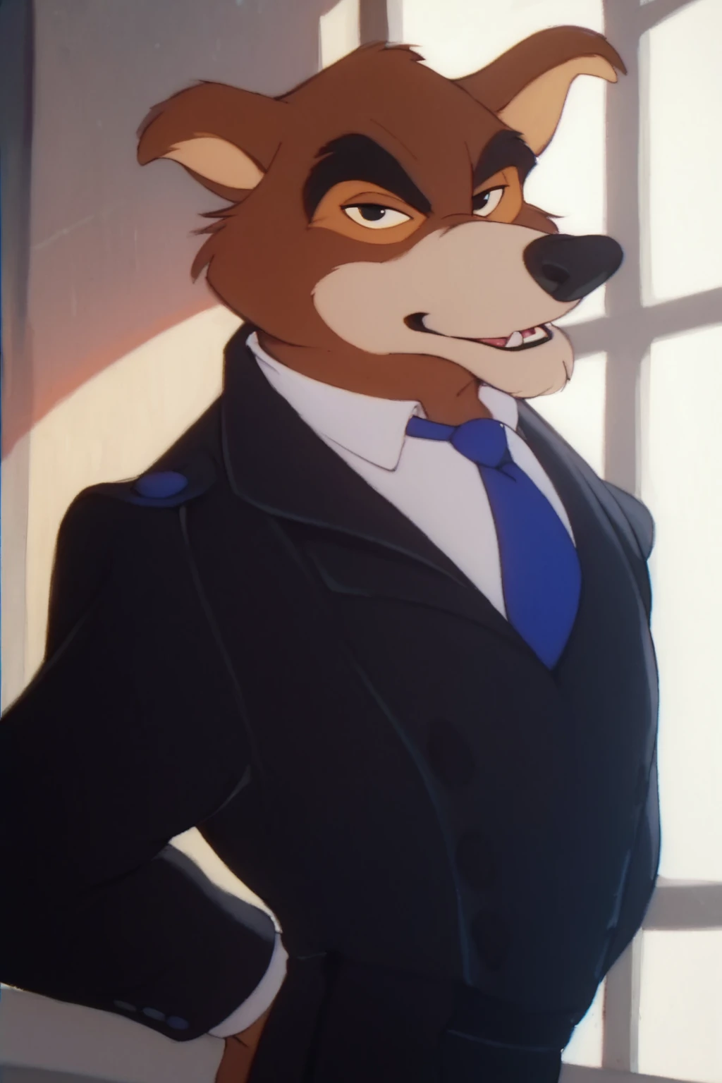 score_9, score_8_up, score_7_up, score_6_up, looking at viewer, black eyes, wolf, anthro, furry, brown fur, male, seductive expression, black suit, tie, black pants, standing, inside, buildingbackground, retro artstyle, traditional media, dramatic lighting<lora:Don_Karnage_Talespin_PonyXL:1> <lora:Disney_Renaissance:1>