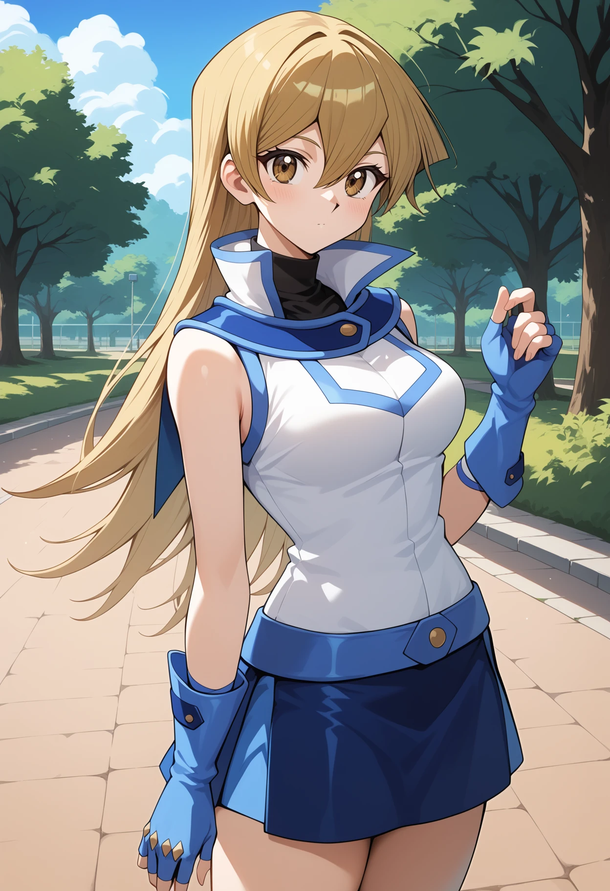 score_9, score_8_up, score_7_up, score_6_up, score_5_up, score_4_up, source_anime, aaasuka, long hair, blonde hair, brown eyes, breasts, turtleneck, white jacket, sleeveless, fingerless gloves, blue gloves, miniskirt, blue skirt, <lora:tenjouin_asuka_ponyxl_v1:0.9>, standing, cowboy shot, outdoors, park,