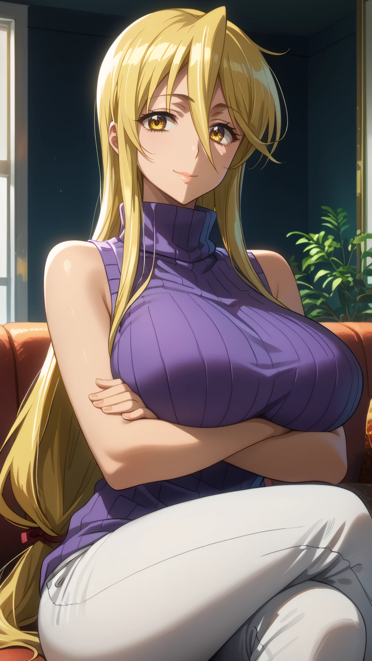 score_9, score_8_up, score_7_up, 1girl, solo, looking at viewer, anime coloring, upper body, close-up, portrait,
<lora:Shizuka_Marikawa_Dwnsty:0.8>, shizuka_marikawa, blonde hair, yellow eyes, long hair, low-tied long hair, hair between eyes, sidelocks, sleeveless turtleneck, purple sweater, ribbed sweater, vertical stripes, white pants, jeans,
lips, huge breasts, light smile, mature female, sitting, crossed legs, crossed arms,
indoors, living room, couch,
<lora:Hotd_Artstyle_Dwnsty:0.7>