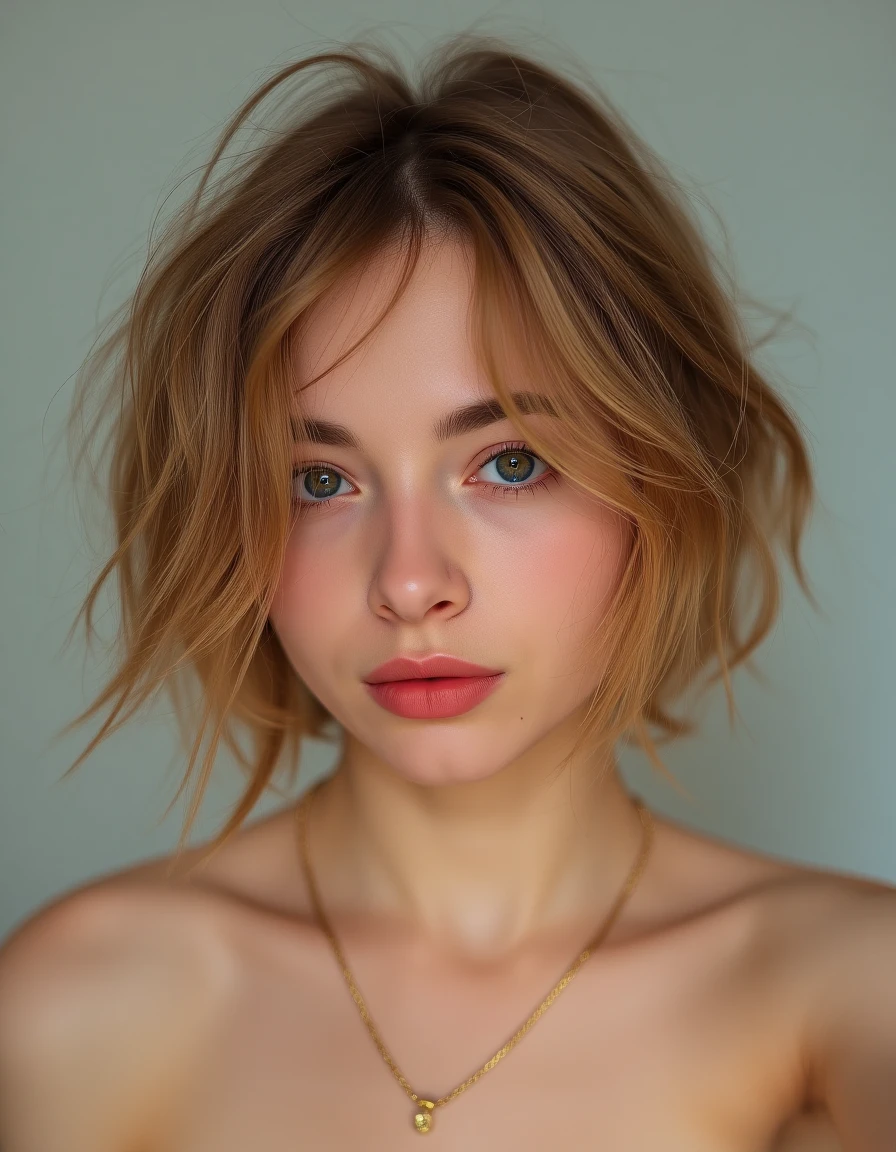 Generate 8k realistic photo portrait of a half-body young woman 30 years old with short messy light brown bob hairstyles with highlights, no makeup, gold jewelry. In the style of Brandon Woelfel photography. 45 degrees from the camera. 85mm f1.4