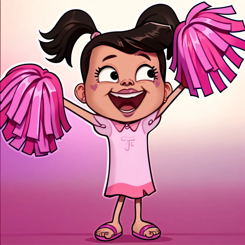 Score_9, score_8_up, score_7_up, t3r3, left eye birthmark, solo, pom pom (cheerleading), twintails, dress, pink dress, sandals, 1girl, open mouth, smile, cheerleader, black hair, black eyes, dark skin