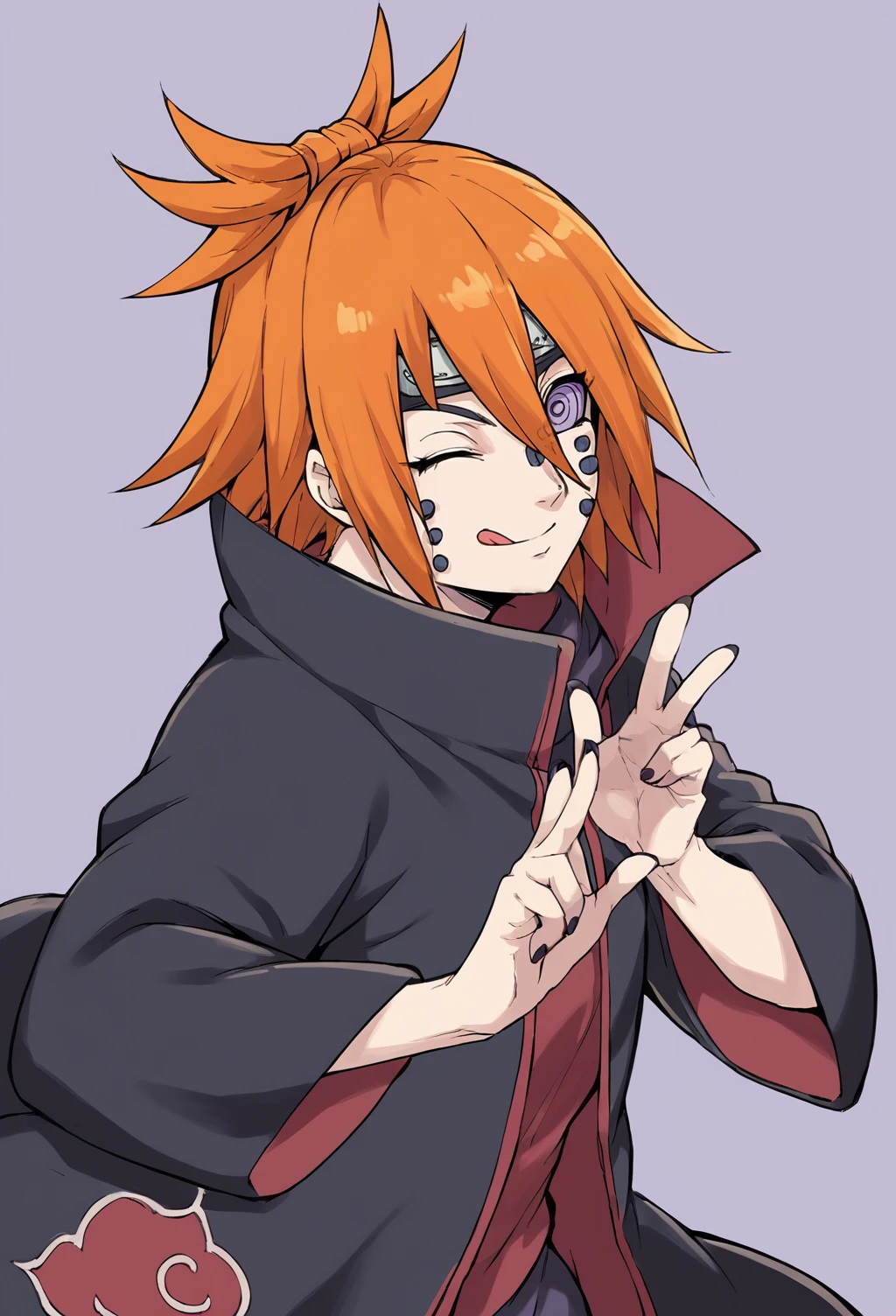 score_9, score_8_up, score_7_up, score_6_up, score_5_up, score_4_up, source_anime, style of naruto, chikushodo, orange hair, ringed eyes, face piercing, hair between eyes, akatsuki coat, looking at viewer, raised hand, dynamic pose, ekegance, black coat, long coat, smile, ;b, happy, wink, tongue out, closed mouth, purple eyes, purple sclera, black nail polish<lora:EMS-465992-EMS:0.900000>