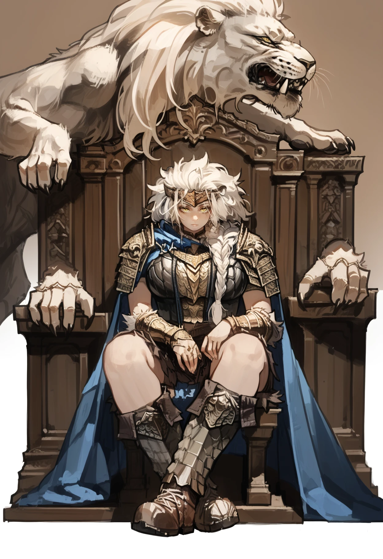 score_9, score_8_up, score_7_up, score_6_up, score_5_up, score_4_up,
<lora:EldenRingV1.1:1> 3ld3n, 
1girl, lion, armor, sitting, (genderswap), (mtf), throne, braid, white hair, yellow eyes, shoulder armor, pauldrons, long hair, cape, vambraces, boots, blue cape, pelt, breasts