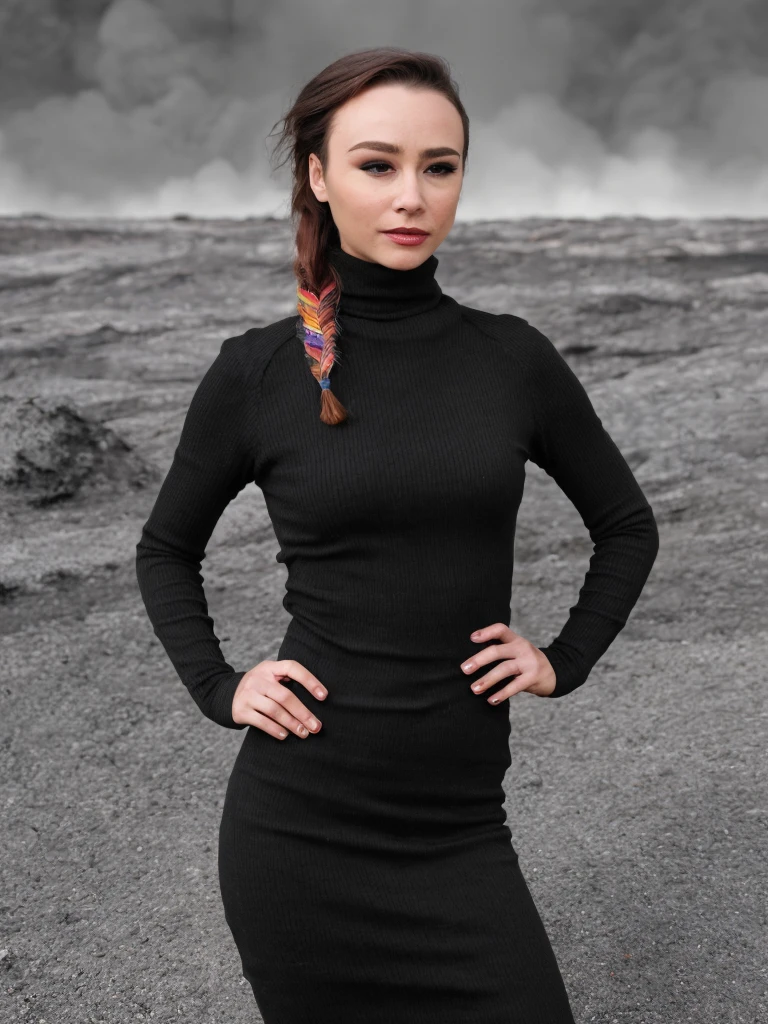 score_9, score_8_up, score_7_up, score_6_up, (high quality, best quality), photorealistic, 
a professional absurdres sharp focus intricately detailed full (torso:1.2) photograph of a beautiful 1woman  (Danielle_Harris:1.1),
wearing a long turtleneck dress and dark maroon lipstick, smokey eye make-up, rainbow-colored long braided hairstyle,  
dancing in a smoldering volcanic caldera,
<lora:Danielle_Harris-SDe14:0.8>