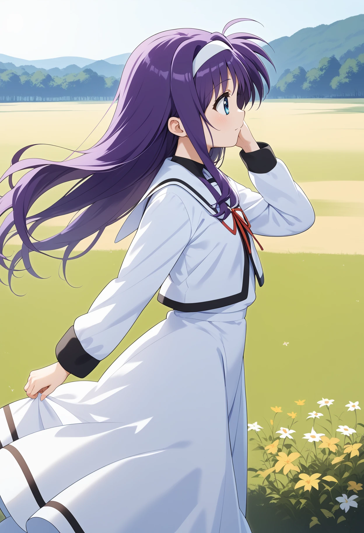 score_9, score_8_up, score_7_up, score_6_up, score_5_up, score_4_up, source_anime, aasuzuka, long hair, purple hair, white hairband, blue eyes, small breasts, school uniform, sailor collar, neck ribbon, white shirt, sailor dress, long dress, long sleeves, <lora:tsukimura_suzuka_ponyxl_v1:0.9>, hand in own hair, from side, wind, field, looking at another, standing, cowboy shot, solo