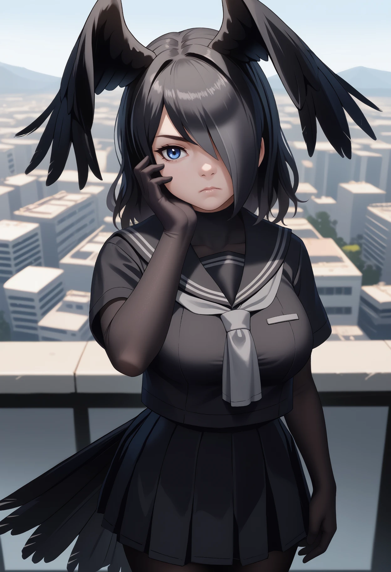 score_9, score_8_up, score_7_up, source_anime, <break> solo, 1girl, jnglcrw, bird wings, bird tail, expressionless, looking at you, standing, hand on own face, multicolored hair, black hair, hair over one eye, head wings, blue eyes, black serafuku, black shirt, black sailor collar, grey neckerchief, short sleeves, black bodysuit, black gloves, elbow gloves, black skirt, black pantyhose, large breasts, outdoors, cityscape scenery, rooftop
<segment:yolo-face_yolov8m.pt,0.4,0.5//cid=1>