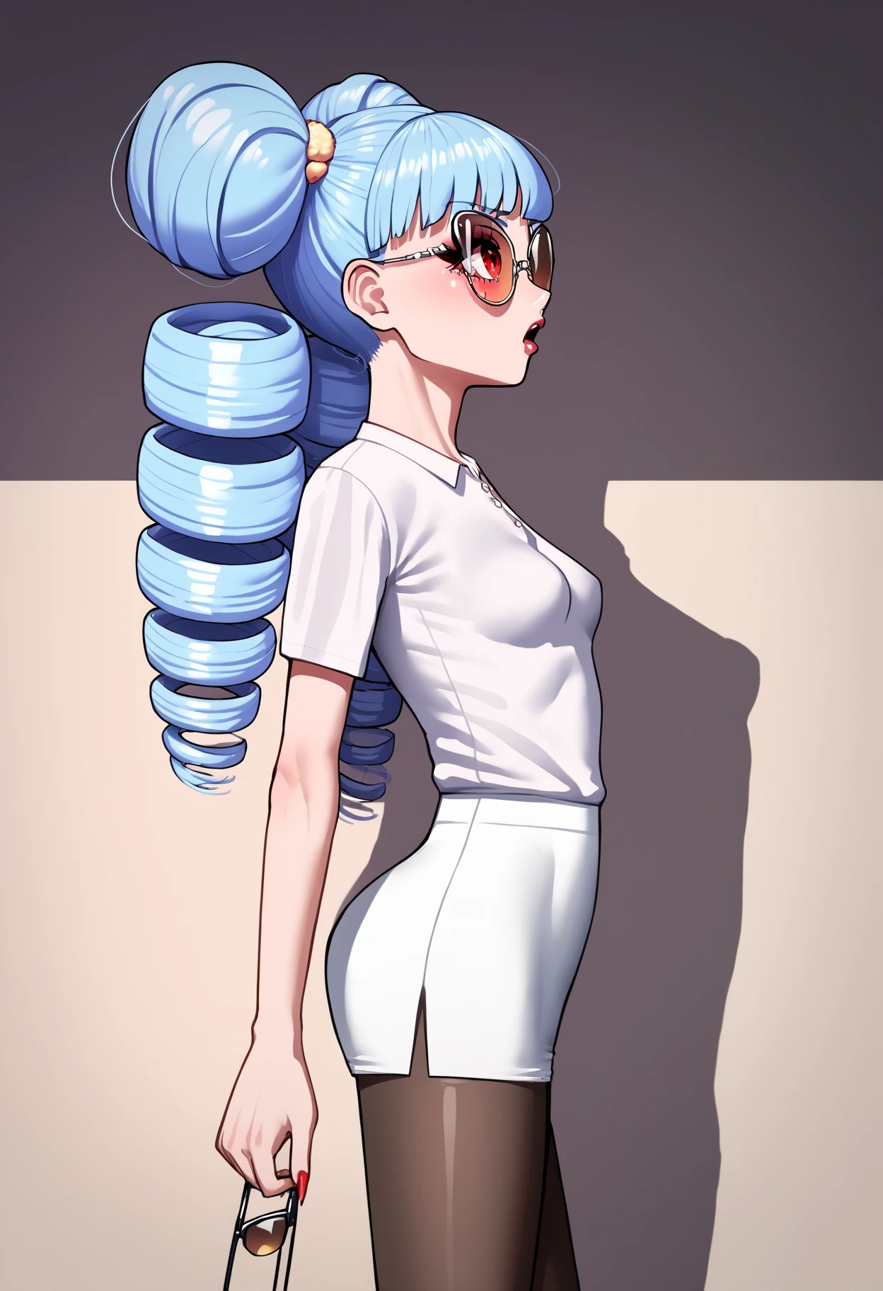 score_9_up, source_cartoon,1girl, valentina,solo,red eyes, sunglasses,cowboy shot, from side, walking, pencil skirt, white button up shirt, pantyhose, blue hair, twin drills, small breasts,