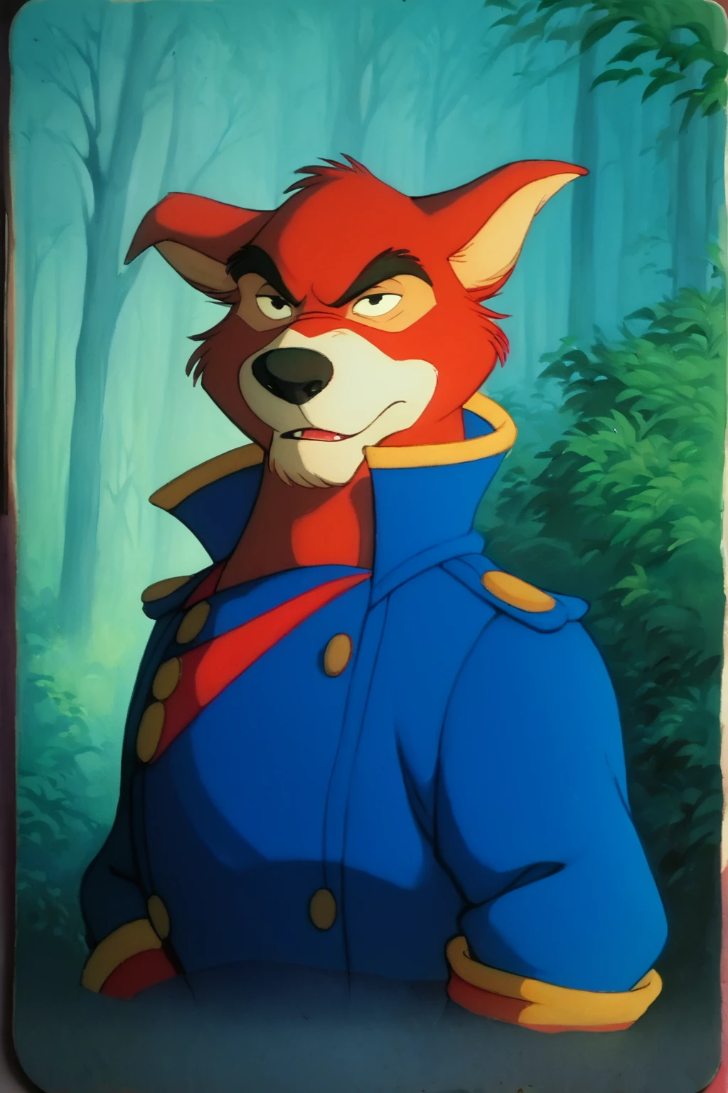 score_9, score_8_up, score_7_up, score_6_up, close up, devious expression, black eyes, red wolf, anthro, furry, male, blue captain suit, pants, boots, outside, forest background, retro artstyle, traditional media, dramatic lighting<lora:Don_Karnage_Talespin_PonyXL:1> <lora:Disney_Renaissance:1>