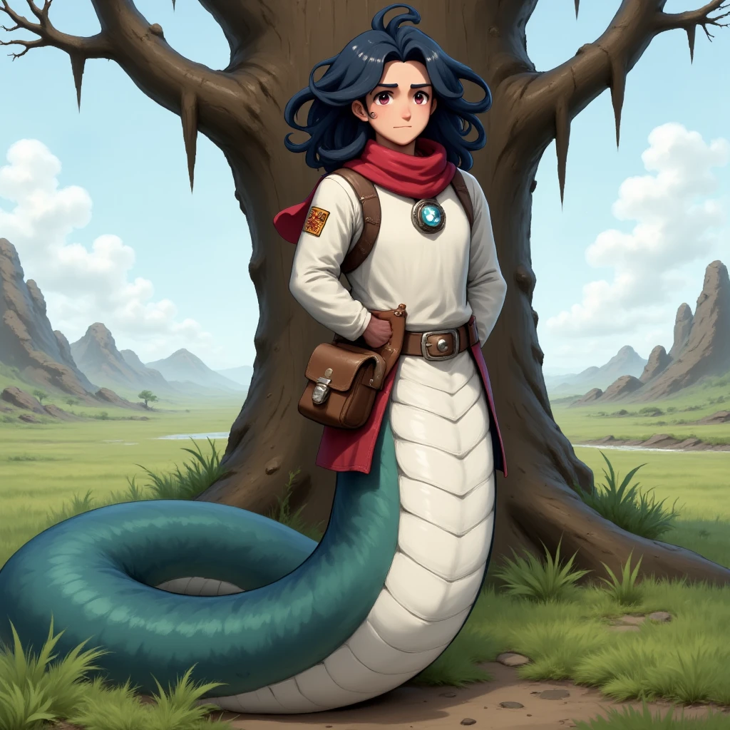 <lora:NagaFlux:1>a naga is a snake-like humanoid creature. An image of a Mexican man naga, in a location that can be described with the keywords 1girl, tree, akari \(pokemon\), outdoors, scarf, black hair, long hair, solo, red scarf, bare tree, sky, pouch, scenery, galaxy expedition team survey corps uniform, pokemon \(creature\), grass, Arms Crossed Behind Head, fullbody view