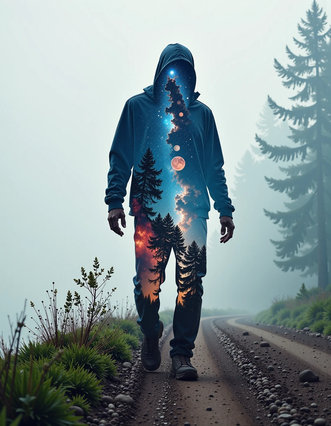 Jeddblexpsre,double exposure, A silhouette of a person walking, with cosmic imagery inside, like nebulae and distant planets. The background depicts a quiet, foggy forest trail, creating a contrast between the earthly and the cosmic,<lora:Flux DoubleExposure_epoch_1:1>,