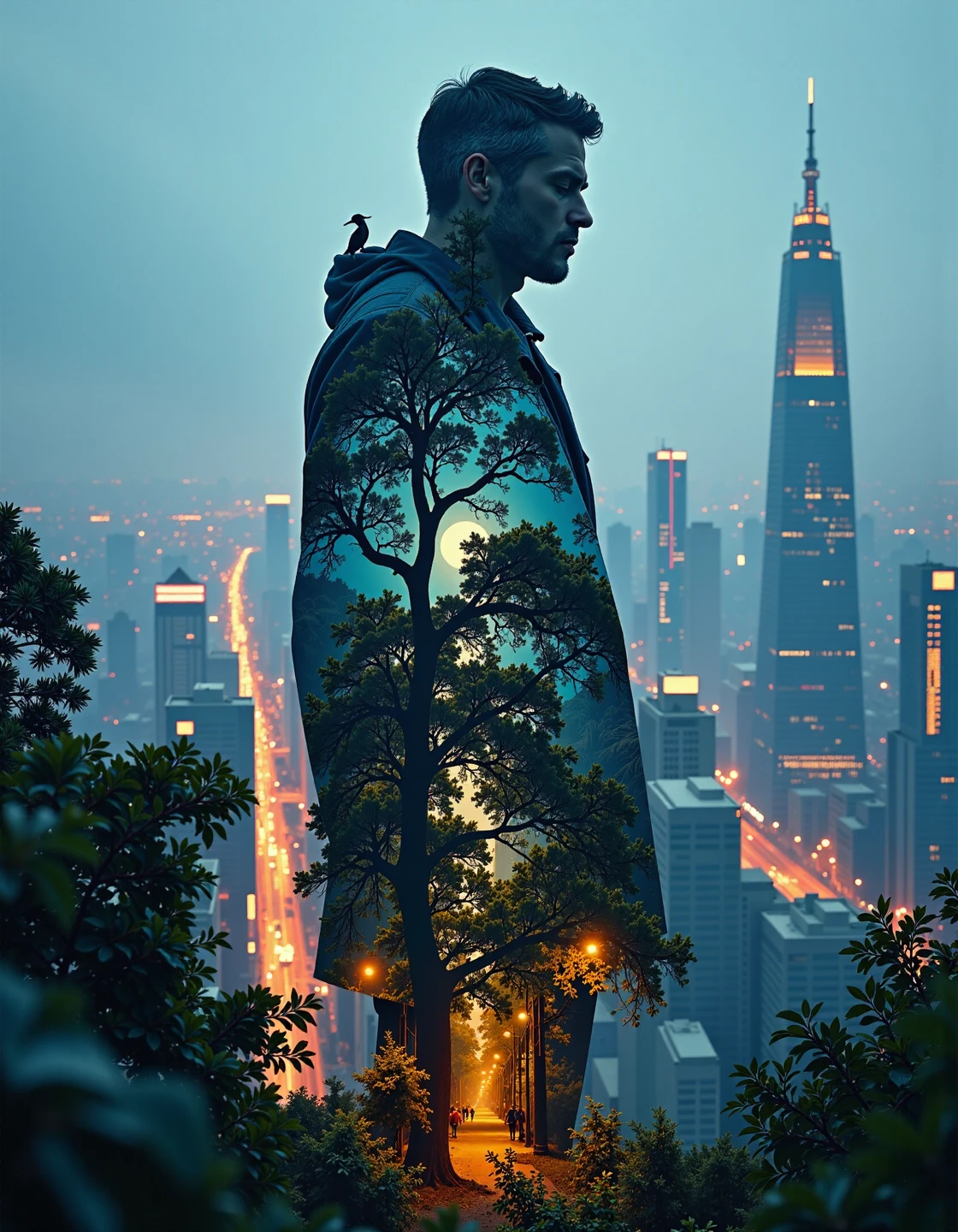 Jeddblexpsre,double exposure,  The silhouette of a skyscraper filled with dense jungle vines, trees, and exotic birds, while the background shows a modern, futuristic cityscape lit by the glow of streetlights and neon signs,<lora:Flux DoubleExposure_epoch_1:1>,