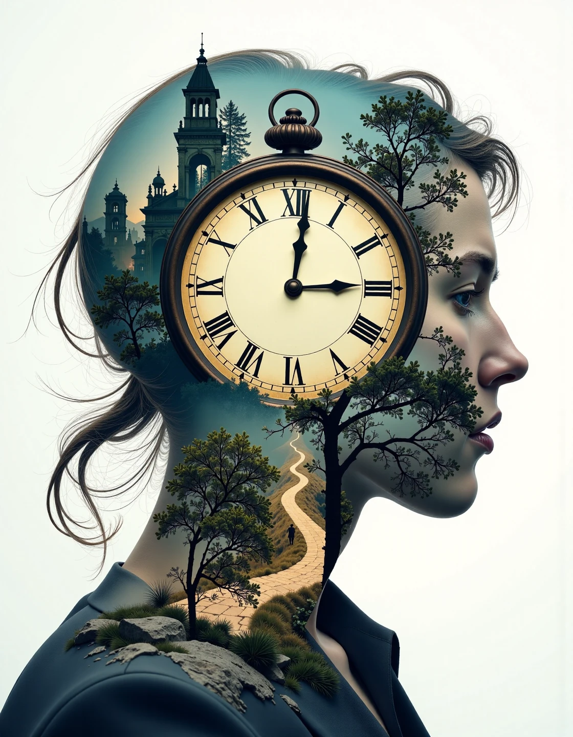 Jeddblexpsre,double exposure,An old-fashioned clock overlaid inside the silhouette of a person's head, while the background shows an ancient cityscape in ruins, blending historical time and human consciousness,<lora:Flux DoubleExposure_epoch_1:1>,