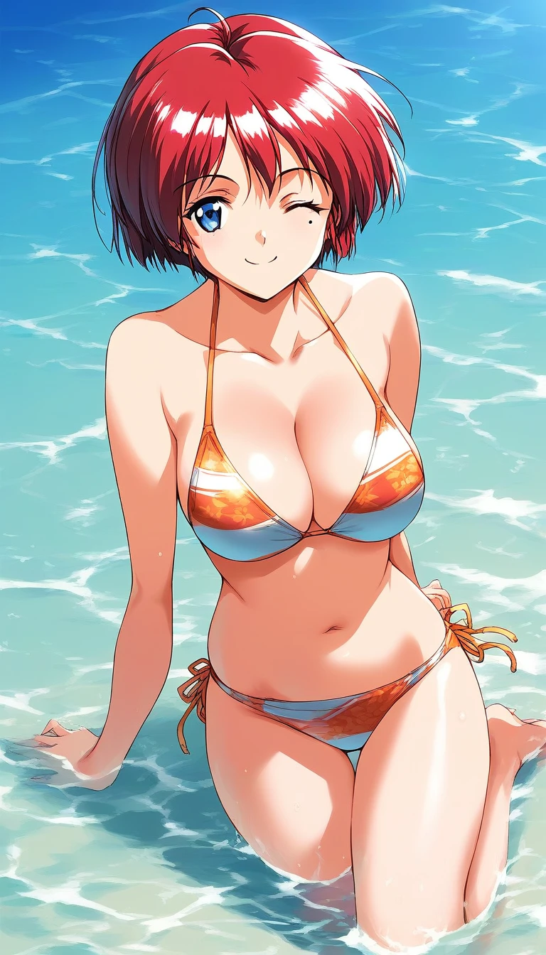 score_9, score_8_up, score_7_up, source_anime, rating_explicit, BREAK  <lora:Hinomoto_Hikari_XL:1> Hinomoto_Hikari, red hair, short hair, blue eyes, breasts, bangs
1girl, swimsuit, solo, bikini, one eye closed, mole, barefoot,  smile, navel, water
smile,
looking at viewer, 
cowboy_Shot,