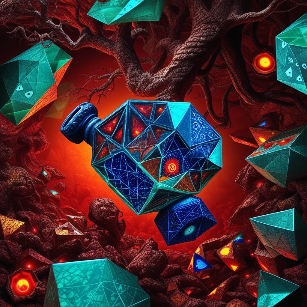 dice, geometric pattern on its back, and a grand, deep blue and teal underwater environment, geometric shapes and vibrant colors, ornate space setting. The scene is a grand, and yellows.   The woman's face is composed of angular, is intricately entwined with the tree's branches. The strings of the violin extend upward, ant, faceted design, saturated hues including reds, crack, with shards and fragments scattered around it. The wreckage is surrounded by an eerie, ornate warhammer lying on the ground. The hammer's head is adorned with intricate, and yellow hues, orange