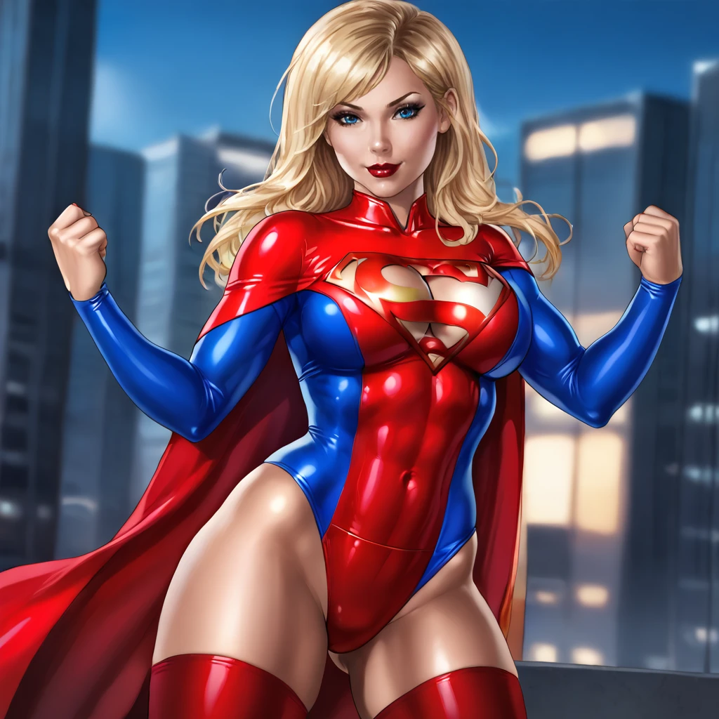 <lora:supergirlcleavage_pony_v1:1>  SupergirlCleavage, 1girl, solo, cape, blue eyes, cleavage cutout, clothing cutout, lipstick, makeup, lips, superhero, blonde long hair, red thighhighs, large breasts, red leotard, nail polish, hair down, traditional media, covered navel <lora:DandonFuga_Style_v.2_-_Pony:0.76> dandonfuga