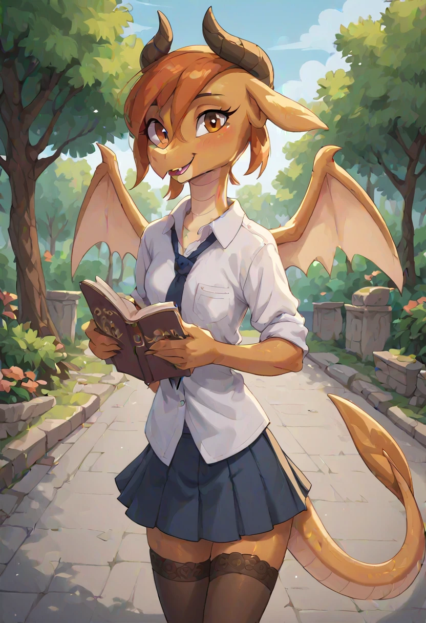 score_9, score_8_up, score_7_up, score_6_up, score_5_up, score_4_up, solo,
1girl, Dragocellus, dragon, tail, large wings, brown eyes,
park, walkway,
detailed, scaly skin, beautiful, female, vector, flat colors, small breasts, white shirt, skirt, happy, female pov, first person view, stockings, silk clothes, anime style,
posing, holding book,
<lora:Dragocellus:1><lora:OtherStyle_05V1:0.95>