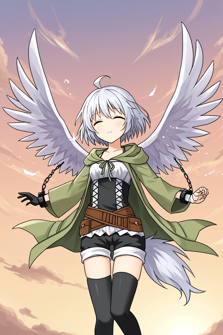 1girl, solo, rainaygo, duel monster, white hair, short hair, ahoge, closed eyes, green robe, open robe, hooded robe, corset, brown belt, black shorts, black thighhighs, single glove, shackles, bandaged arm, white wings, floating, sky, falling, falling feathers, cowboy shot