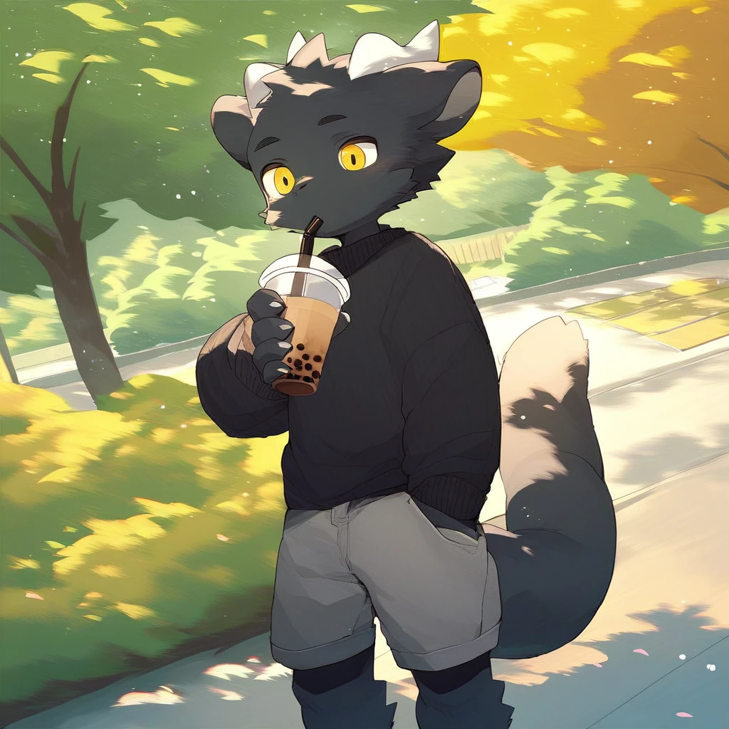 score_9_up, score_8_up, score_7_up, source_furry, mikus-milkytiger, black dragon, black body, white horns, yellow eyes, park, holding, bubble tea, black sweater, gray shorts, 1boy, solo