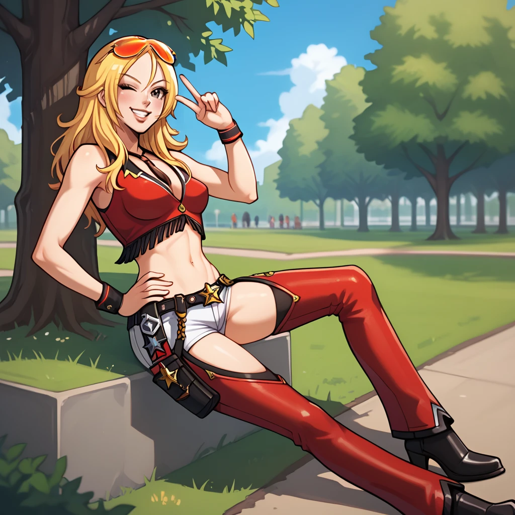 score_9, score_8_up, score_7_up, 1girl, solo, uncensored, agentstarr, smile, looking at viewer, one eye closed, winking, finger gun, pointing at viewer, hand on hip, long blonde hair, eyewear on head, orange sunglasses, red sleeveless, crop top, white short shorts, red chaps, black shoes, outdoors, park, tree, grass <lora:AgentStarrXL_v1.0:1>