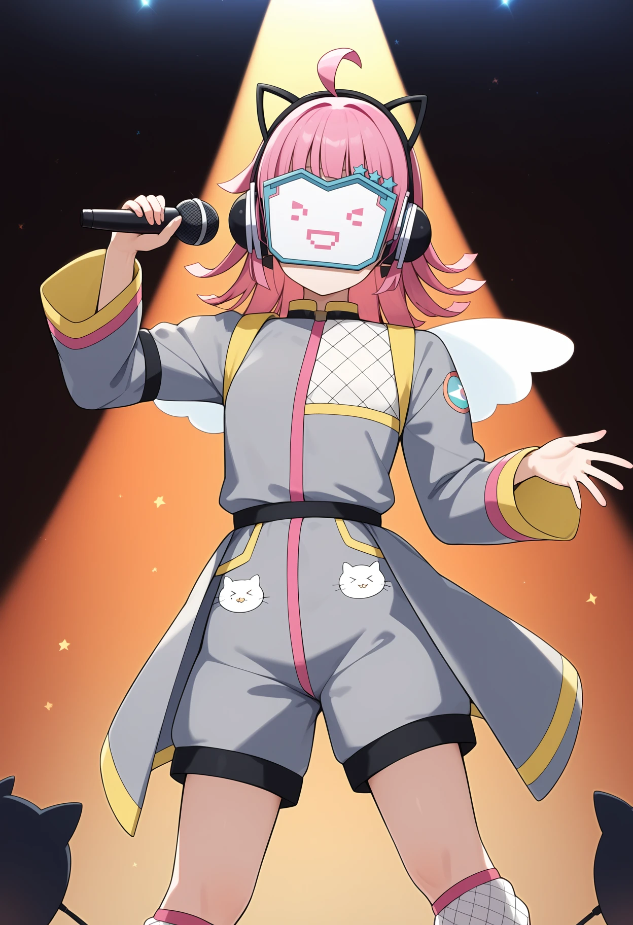 score_9, score_8_up, score_7_up, score_6_up, score_5_up, score_4_up, source_anime, aarina, medium hair, pink hair, ahoge, blunt ends, animal ear headphones, mask, covered face, small breasts, wings, fishnets, grey jacket, long sleeves, grey shorts, leg warmers, <lora:tennoji_rina_ponyxl_v1:0.9>, standing, cowboy shot, stage, concert, holding microphone,