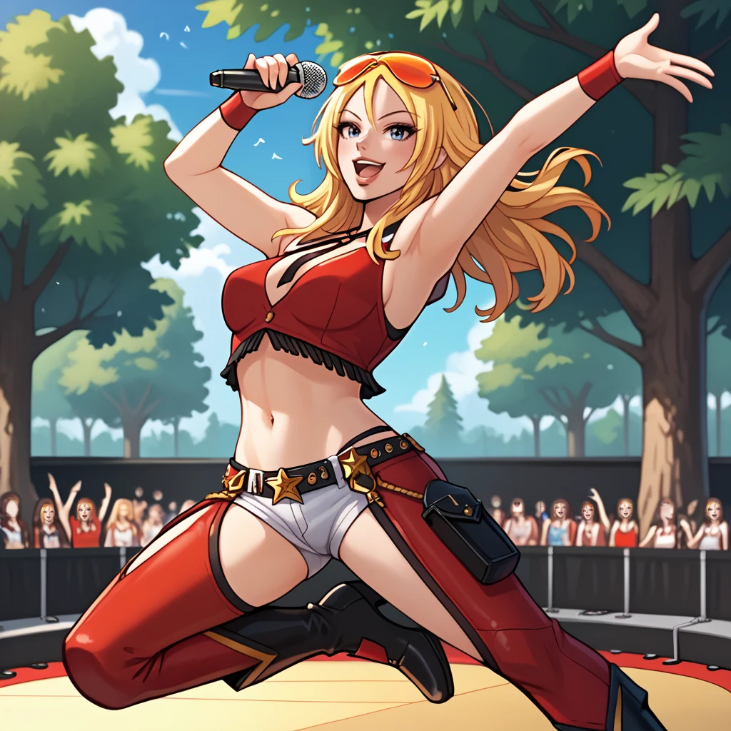 score_9, score_8_up, score_7_up, 1girl, solo, uncensored, agentstarr, smile, open mouth, holding microphone, singing, dancing, arm up, long blonde hair, eyewear on head, orange sunglasses, red sleeveless, crop top, white short shorts, red chaps, black shoes, outdoors, stage, trees, park <lora:AgentStarrXL_v1.0:1>