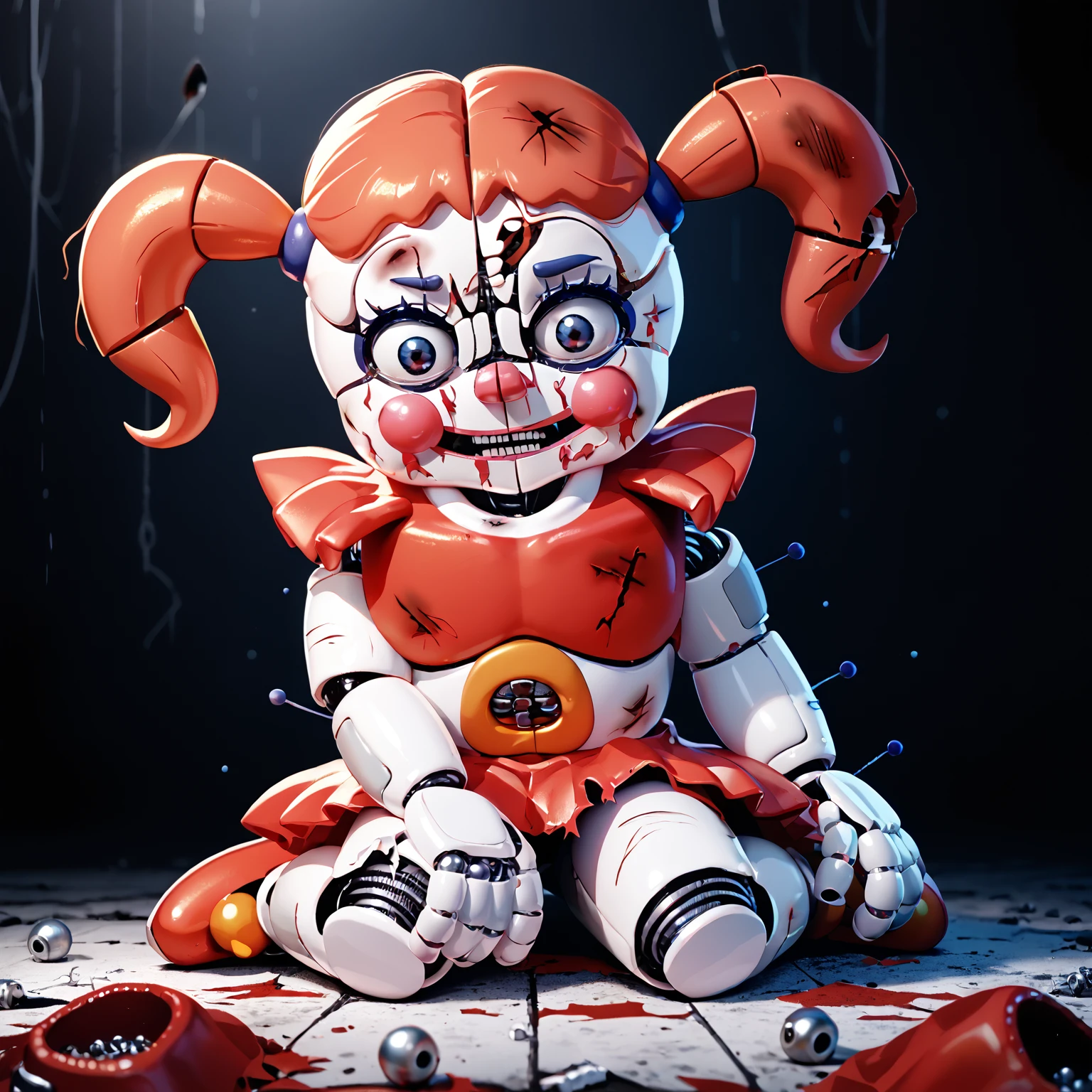 score_9, score_8_up, source_cartoon, <lora:Circus Baby_1:1>, circus baby, solo, robot humanoid, red shirt,full body, on ground, damage, burn marks, cracked skin, broken horn, exposed endoskeleton, horror \(theme\), falling apart, head injury, dent, missing tooth, detachable parts, closed mouth, red skirt, torn clothing, onvenient censorship, red footwear, pseudo hair, empty eyes, detachable arms