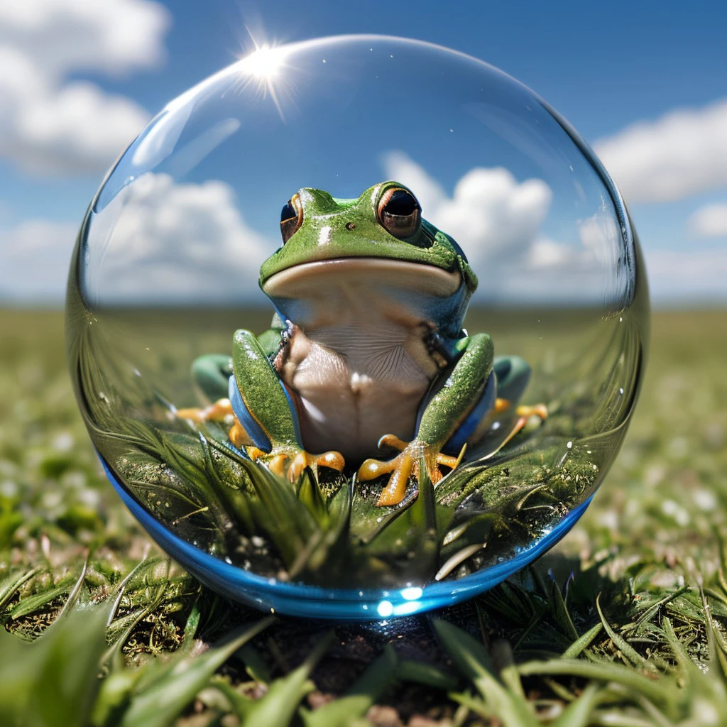 masterpiece, best quality, intricate photo, glass sphere with highly detailed frog in the grass, Background blue cloudy sky, hyper realistic, highly detailed, sharp focus, high resolution, 8K, <lora:GlassSphere_v12:0.3>