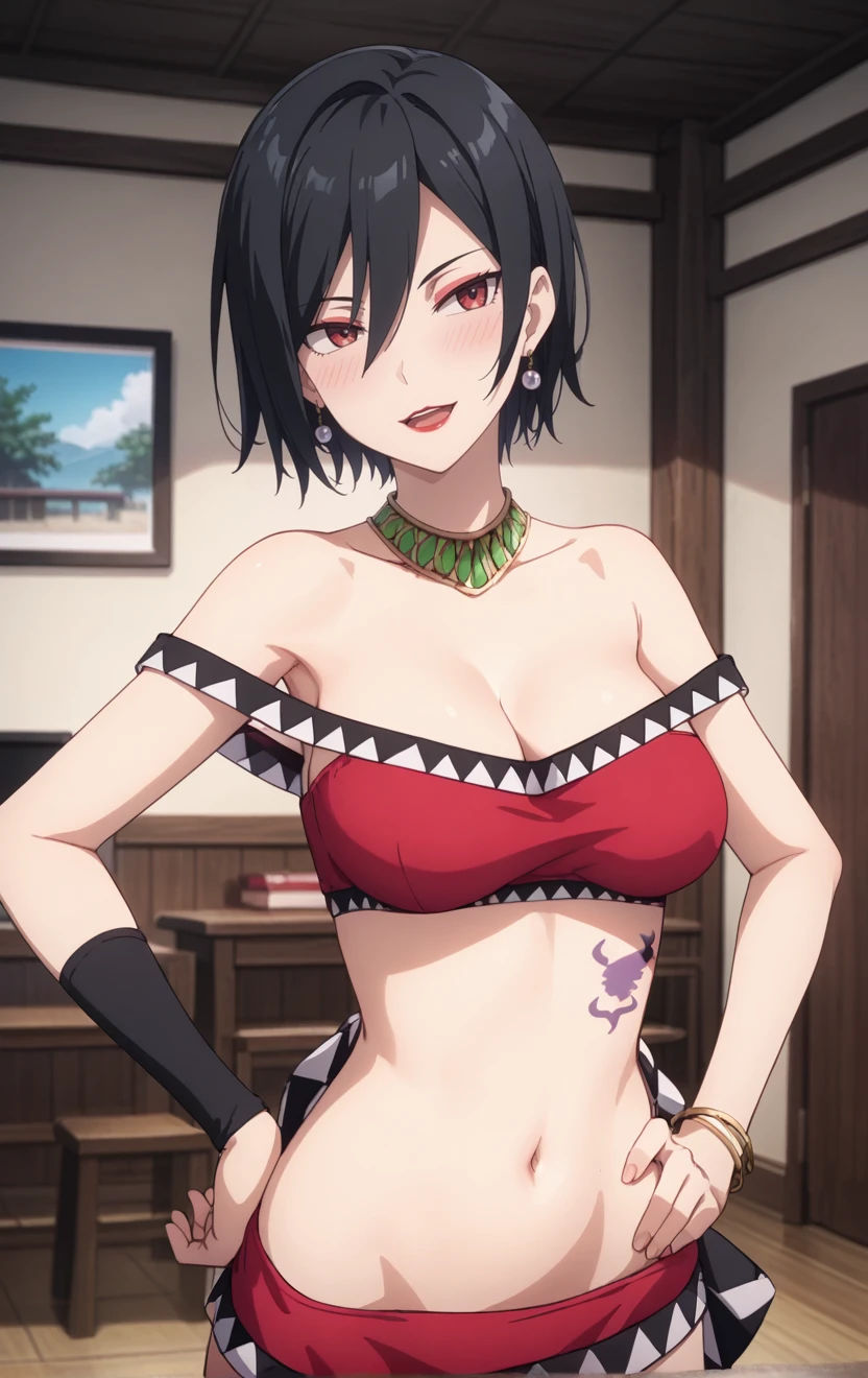 dtbshaozi, best quality, masterpiece, uncensored,1girl, solo,tsurime,black hair,stomach tattoo, midriff, short hair, breasts, navel, earrings, cleavage, medium breasts, bracelet, red eyes, necklace, makeup,lipstick, thighhighs,  indoors,room, seductive smile ,from behind ,open mouth  ,,hand on hip  ,,pov ,blush ,<lora:DtbShaoJi4thTail:1>