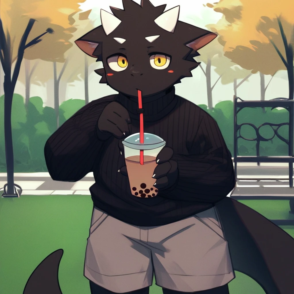 score_9_up, score_8_up, score_7_up, source_furry, mikus-monu__, black dragon, black body, white horns, yellow eyes, park, holding, bubble tea, black sweater, gray shorts, 1boy, solo