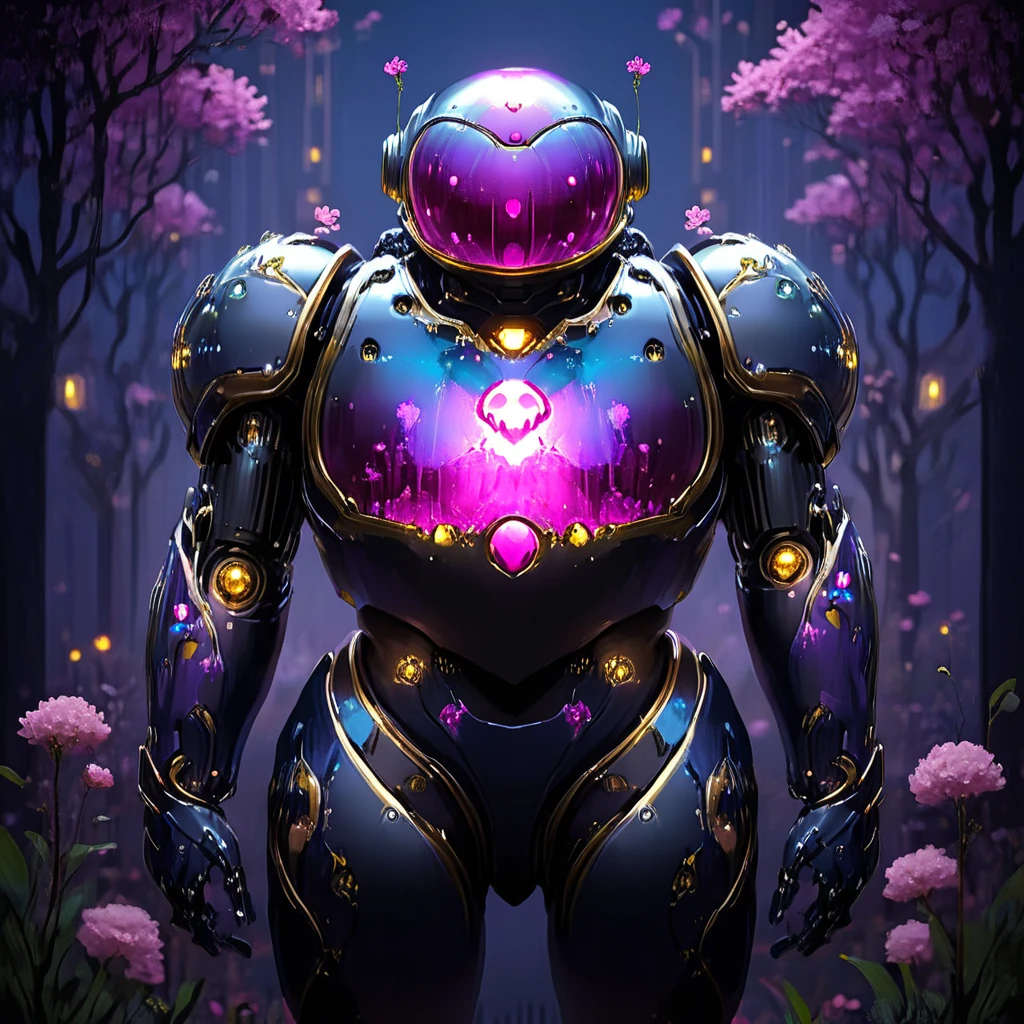 <lora:NeonFantasySDXL:1> ArsFriends, The image is a digital illustration of a futuristic robot standing in a forest-like environment with pink flowers and trees in the background. The robot is wearing a black and gold suit with a large helmet that has a heart-shaped design on it. The helmet is glowing purple and has a pink and blue light emanating from it giving it a mystical and mystical appearance. The suit is made up of multiple layers of armor with gold accents on the shoulders arms and legs. The background is dark and eerie with a hint of purple and pink lights. The overall mood of the image is mysterious and futuristic., solo, armor, petals, cherry blossoms, robot, glowing, standing, open hands, helmet, 1girl