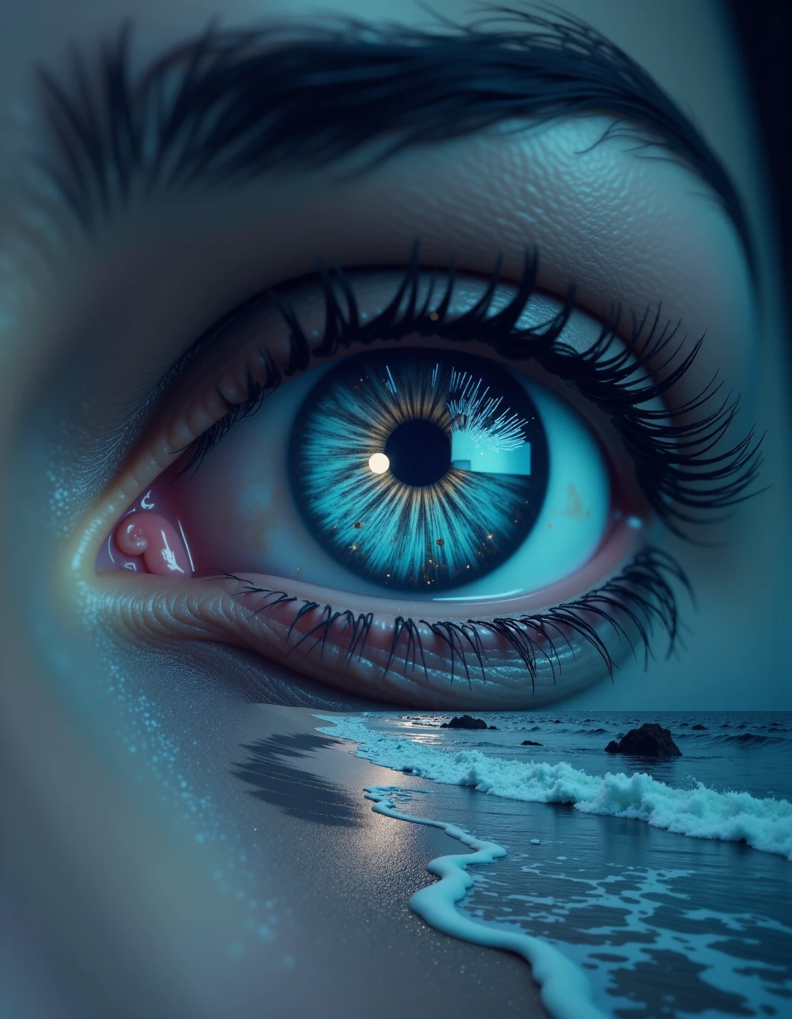 Jeddblexpsre,double exposure,A close-up of an eye, filled with constellations and the moon, while the background features a tranquil, starlit night sky over a quiet beach, with soft waves lapping the shore,<lora:Flux DoubleExposure_epoch_1:1>,