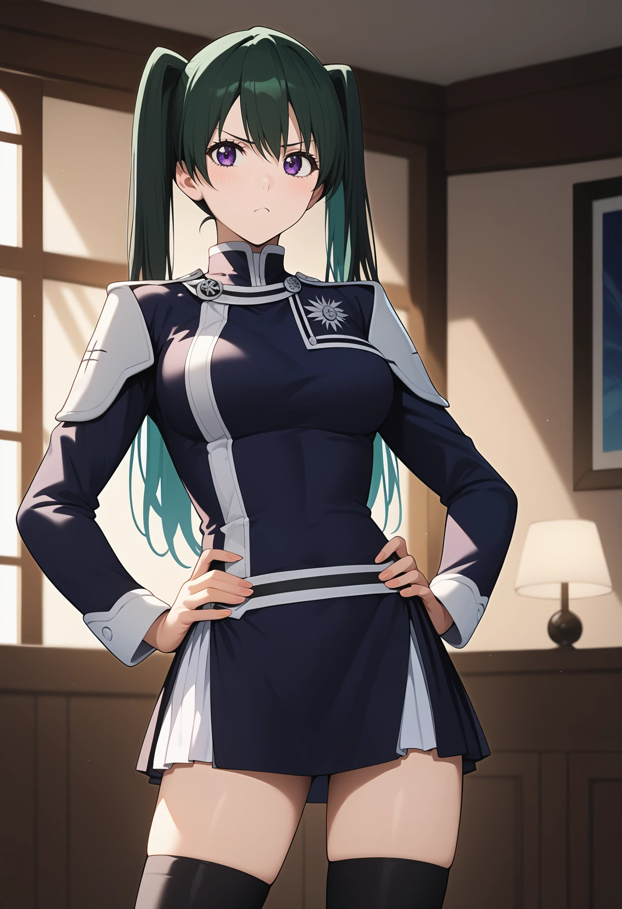 score_9, score_8_up, score_7_up, score_6_up, score_5_up, score_4_up, source_anime, aalee, long hair, green hair, black hair, twintails, purple eyes, medium breasts, shoulder armor, black jacket, long sleeves, multicolored skirt, black skirt, black thighhighs, <lora:lenalee_lee_ponyxl_v1:0.9>, standing, cowboy shot, indoors, hands on own hips, pout,