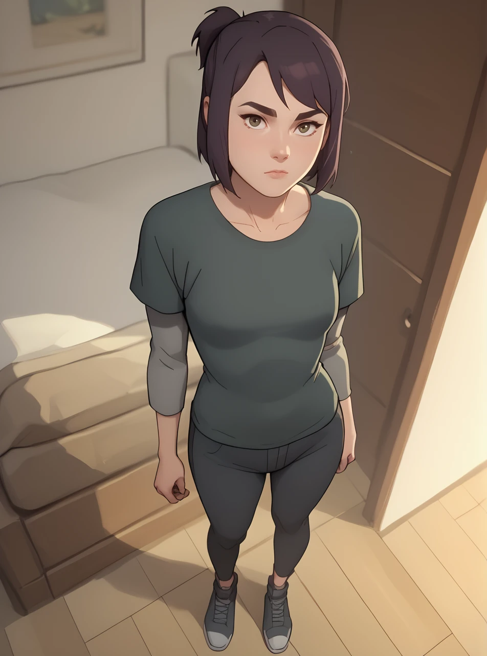 score_9, score_8_up, score_7_up, <lora:maddiekpxl:1>, maddiekpxl, 1girl, short ponytail, cartoon, western animation, looking at viewer, flat colors, outline, standing, full body, from above, brown, green t-shirt,grey undershirt