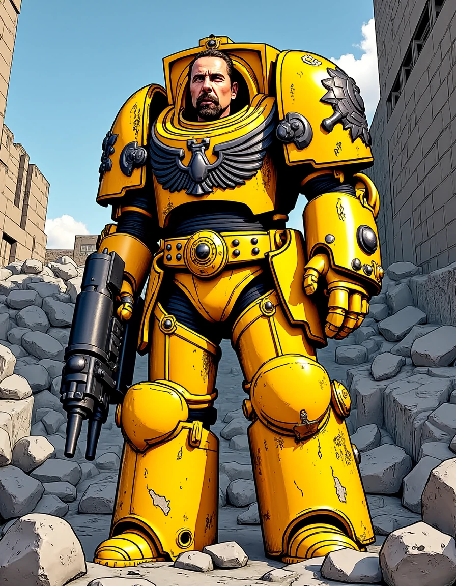 "Imagine a scene in the style of a classic comic book, where an Imperial Fist Terminator, clad in striking yellow armor, stands amid a ruined fortress. His armor is reinforced with black pauldrons and iron studs, and the Chapter’s black fist emblem is emblazoned on his shoulder pad, symbolizing unyielding defense and stoic resilience. The armor bears heavy damage, yet it radiates indomitable strength. The bright yellow contrasts sharply against the grey rubble, and his bolter is held steady, as thick outlines and bold colors give the scene a sense of heroic determination and tactical precision."