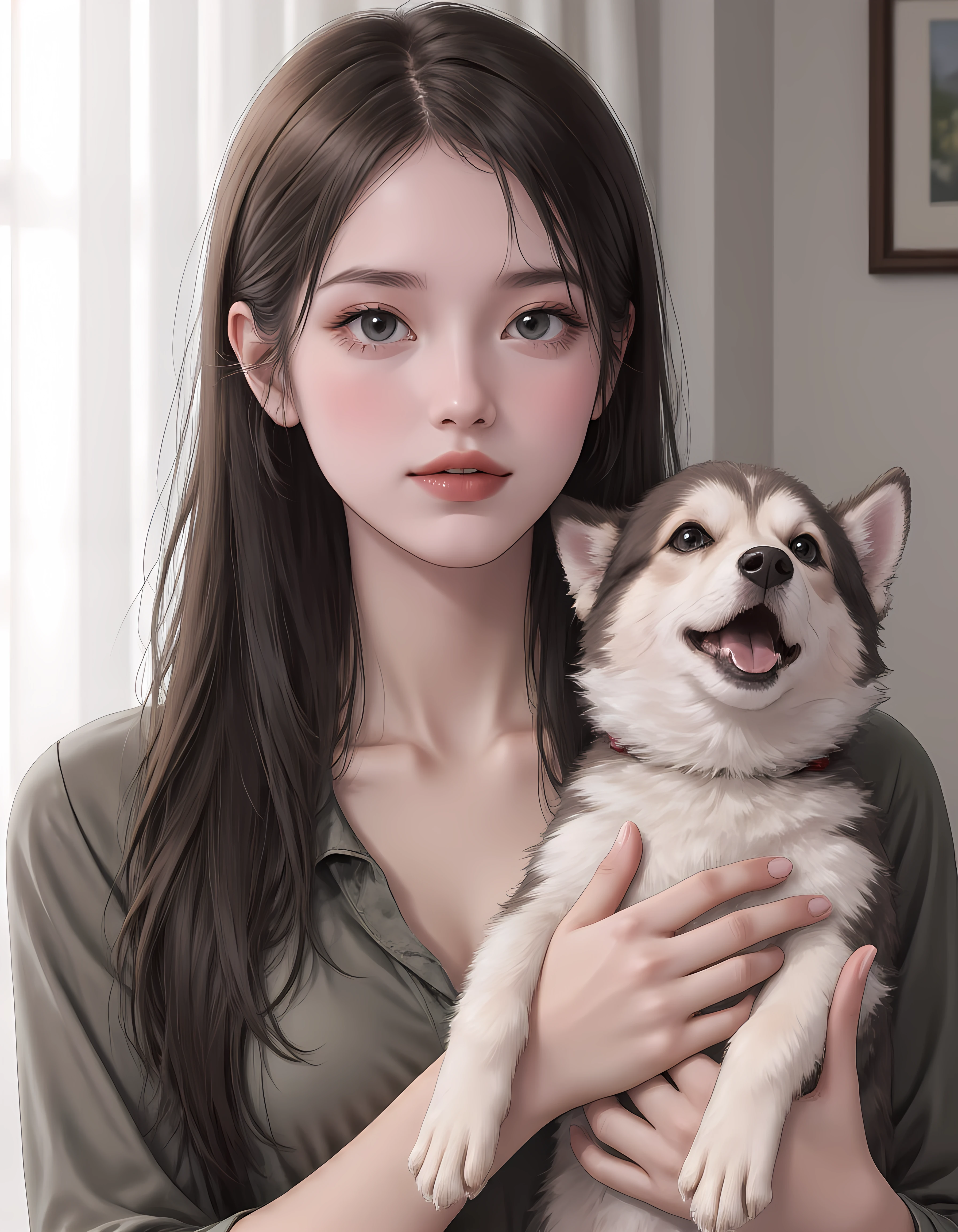 a 16yo woman holding her husky <lora:pink2:1>