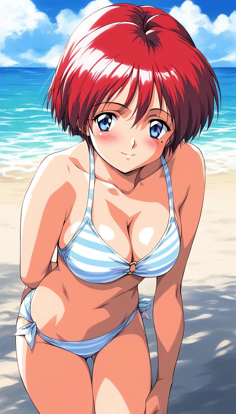 score_9, score_8_up, score_7_up, source_anime, rating_explicit, BREAK  <lora:Hinomoto_Hikari_XL:1> Hinomoto_Hikari, solo, red hair, short hair, blue eyes, breasts, bangs, ã1990s \(style\), 
mole under eyeã
blush,   swimsuit, summer, beach, sea, cowboy shot,  cleavage,
looking at viewer, 
outdoor, day, sky,
cowboy_Shot,