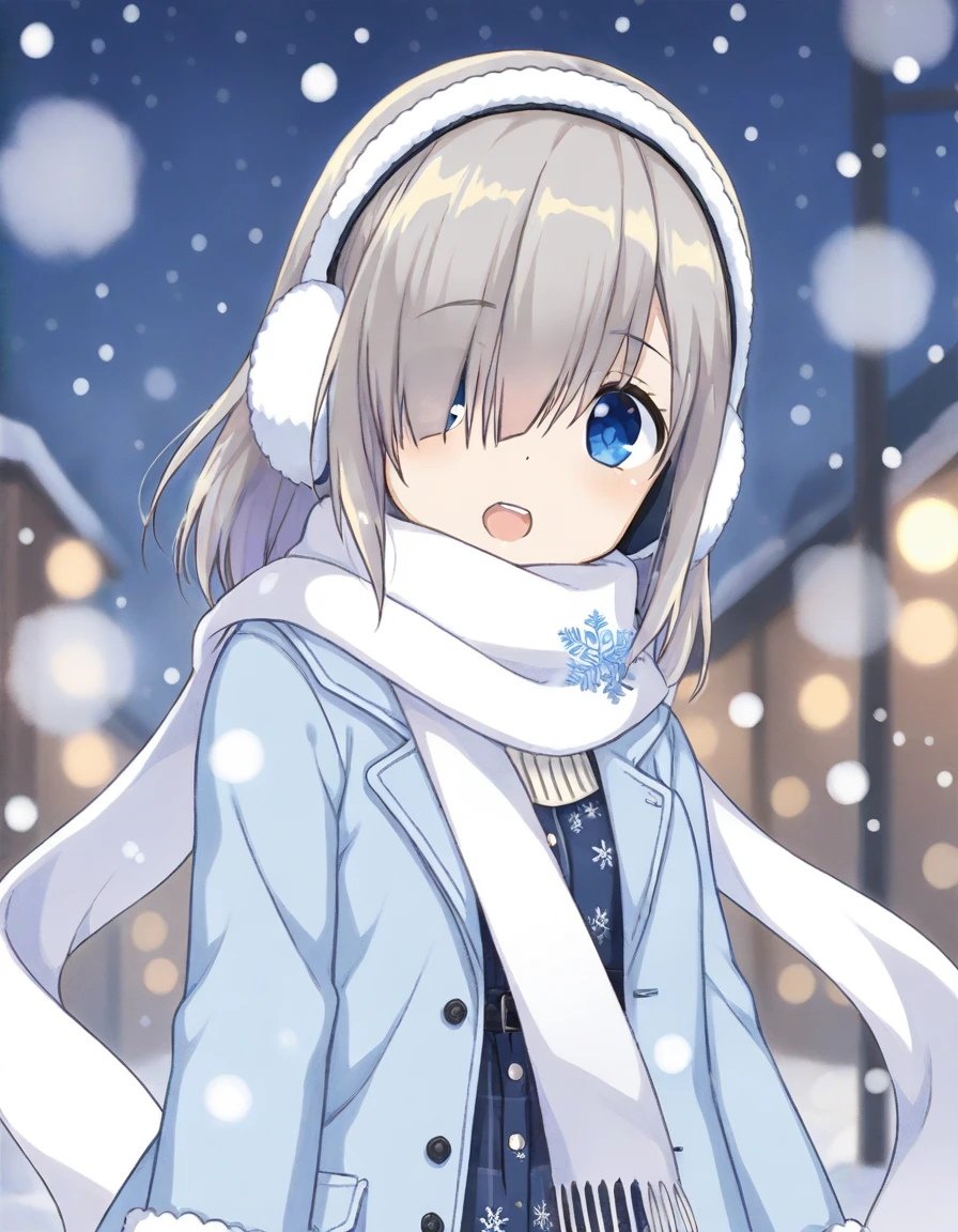 isuzu ren, blue winter clothes, white scarf, earmuffs, outdoor, snowing, <lora:20240917153047_isuzu_ren_animagine-xl-3.1:0.7>