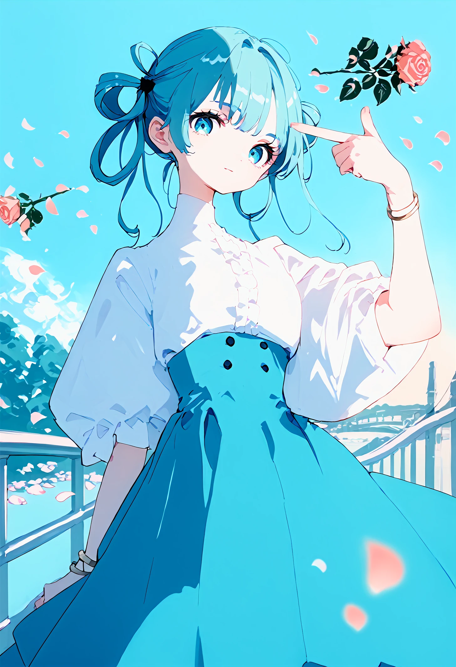 score_9,score_8_up,score_7_up,source_anime,1girl,solo,hair rings,high-waist_skirt,bracelet,looking at viewer,aqua theme,close-up,bridge,
<lora:boom finger gun_pony_bx-v1.04:1>,finger gun,rose,petals,