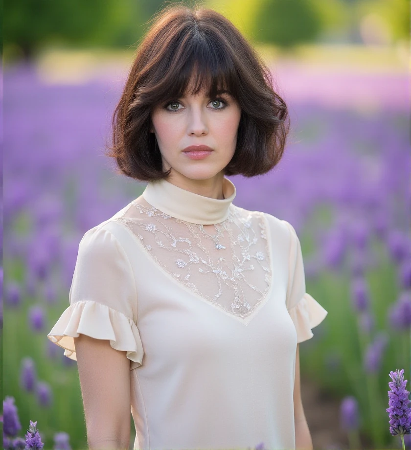 80mm lens. F2.8. . photography. f/2.8 , bokeh, outdoor,,  standing, Short-sleeved turtleneck in cream-colored silk, with embroidered details on the collar and a touch of understated elegance.   A lavender field in full bloom, <lora:isabelle-adjani-flux-1s0b4:1> 1s0b4