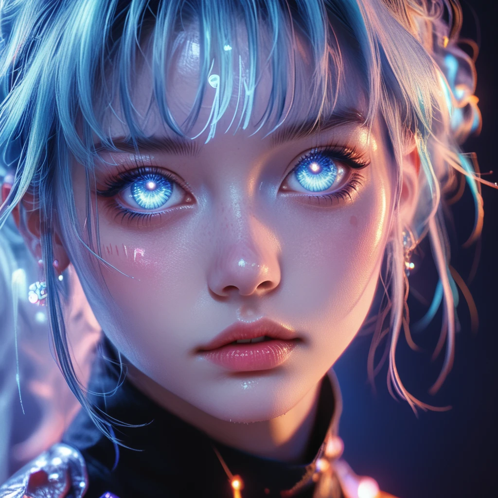 score_9,score_8_up,score_7_up,
This is a digital artwork in a high-detail, fantasy anime style. The image features a close-up portrait of a young woman with striking, ethereal features. She has an incredibly detailed, porcelain-like skin with a subtle glow, especially around her cheeks and forehead. Her eyes are the most captivating part of the image, glowing with a mesmerizing, iridescent blue light that seems to pulse and shimmer, giving an otherworldly, almost magical quality.
, <lora:holographic-pony-4:0.8>,