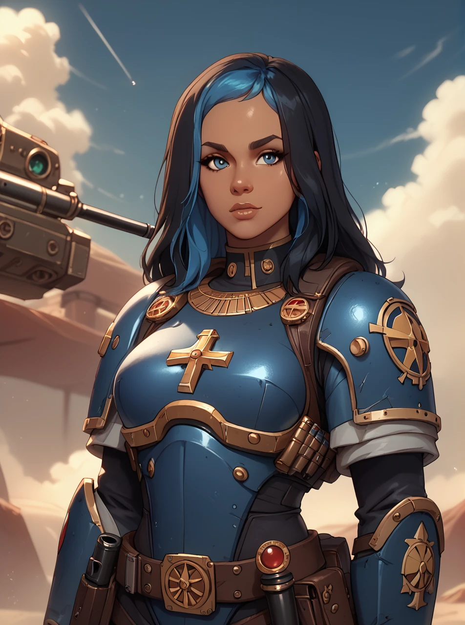 score_9, score_8_up, score_7_up, <lora:hannahpxl:0.9>, hannahpxlm, 1girl, cartoon, outline, dark skin, black hair, blue hair, long hair, space marine armor, warhammer 40k, holding steampunk shotgun, battlefield