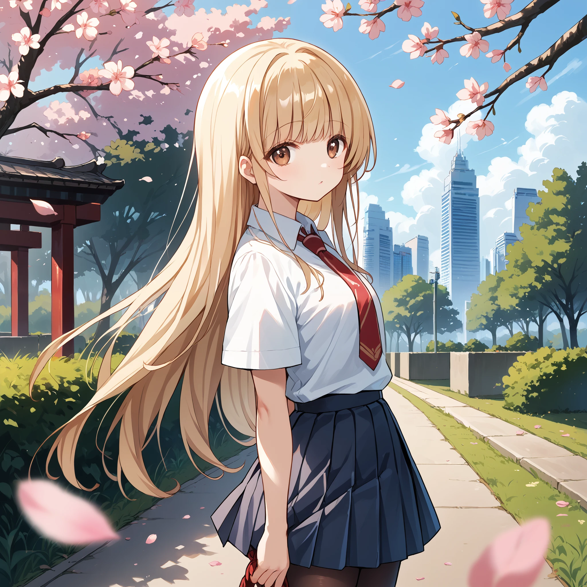 score_9, score_8_up, score_7_up, score_6_up, score_5_up, score_4_up, BREAK source_anime, look at viewer, rating_safe, 1girl, solo, cherry blossom, park, masterpiece, best quality, high detailed skin,   shiina mahiru, brown eyes, long hair, blonde hair, school uniform, collared shirt, white shirt, pleated skirt, black pantyhose, short sleeves, necktie,