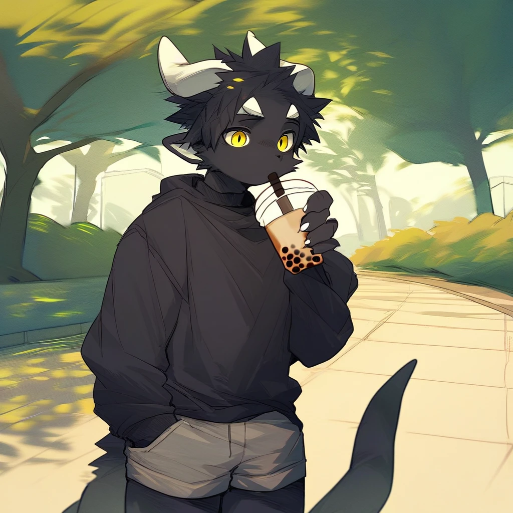 score_9_up, score_8_up, score_7_up, source_furry, mikus-milkytiger, black dragon, black body, white horns, yellow eyes, park, holding, bubble tea, black sweater, gray shorts, 1boy, solo