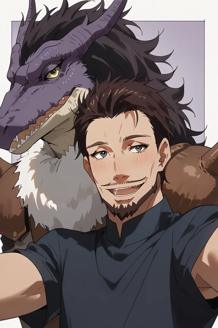 score_9, score_8_up, score_7_up, source_anime, rating_safe, interspecies couple focus, selfie, GabiruTGRS, purple_Gabiru_hair, purple_Gabiru_horns, wide smile, 1lizardboy, VestaTGRS, dark brown_Vesta_facial hair, open mouth, 1boy, intricately detailed illustration