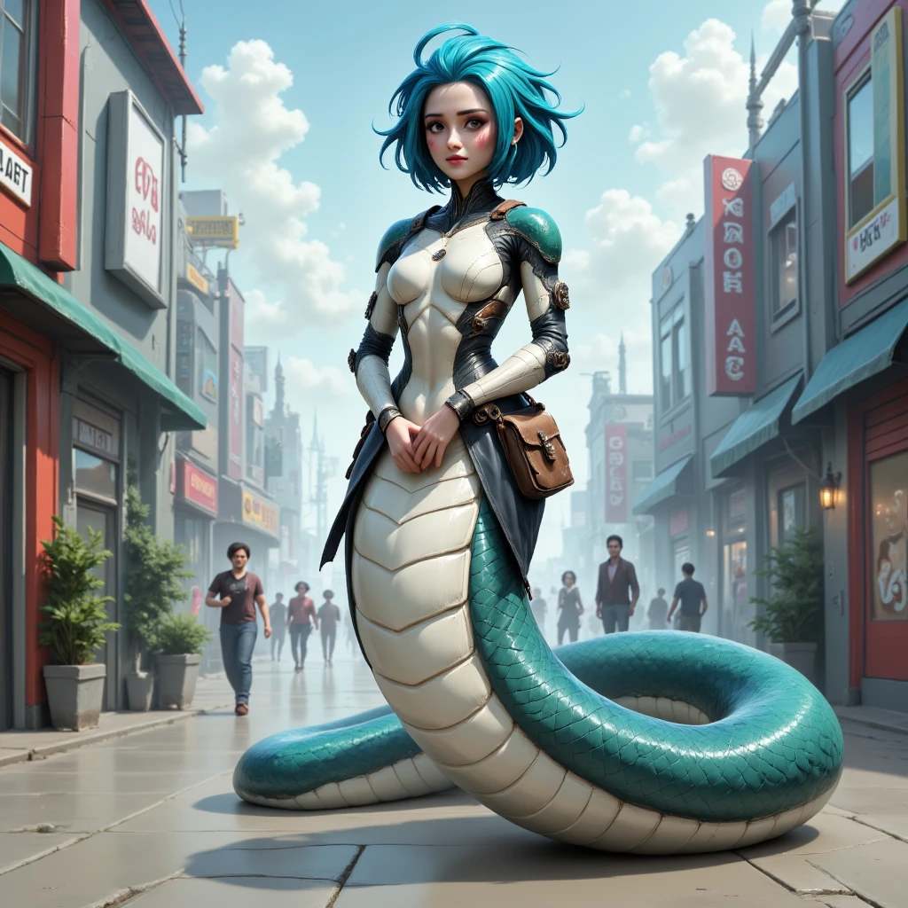 <lora:NagaFlux:1>anime style, a naga is a snake-like humanoid creature. An image of a fly inspired naga, in a location that can be described with the keywords A sprawling mall with floating platforms, selling everything from fashion to black-market cyberware., Holding Hands Together in Front, fullbody view