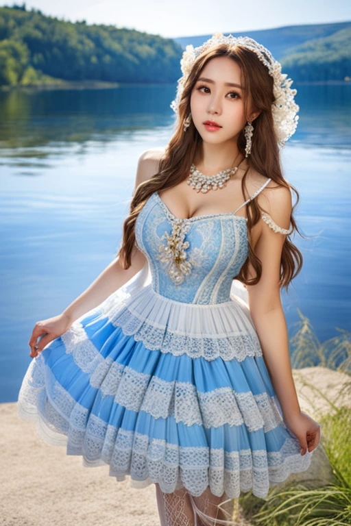 (masterpiece, best quality:1.2),illustration,8k,hd,1 girl,very long hair,solo,(collarbone:1.2),looking at viewer,
bswq,dress,white dress,blue dress,jewelry,necklace,pantyhose,lace,lace trim,lace-trimmed dress,sleeveless dress,((cleavage)),big breasts,outdoors,(day, lake:1.5),extremely detailed dress,crystalstexture skin,front view,<lora:bswq XL:1.5>,