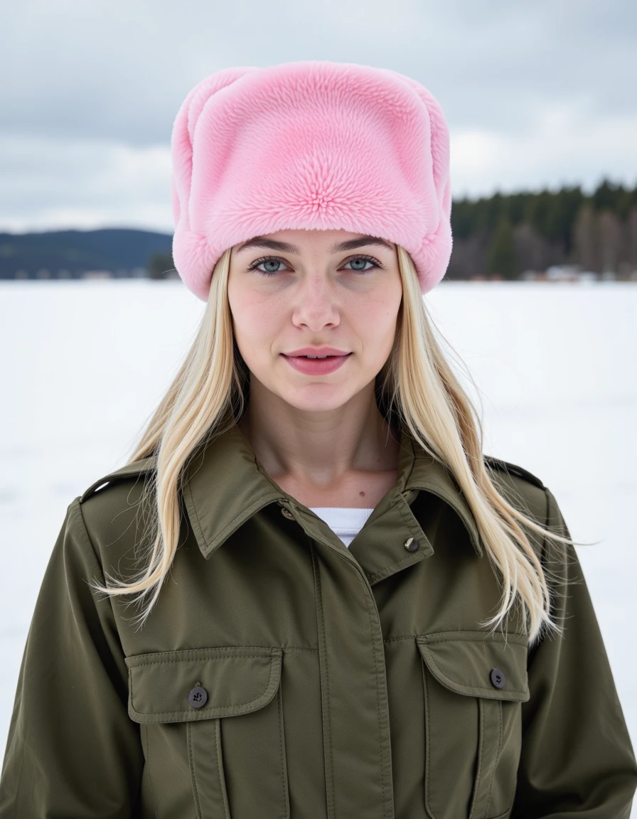 (high definition), (cinematic) photo of  a woman wearing a plain pink ushanka, standing in a snowy field wearing a green camo military uniform, snowy background, blue eyes, blonde hair, highly detailed face and eyes, <lora:ushanka:1>