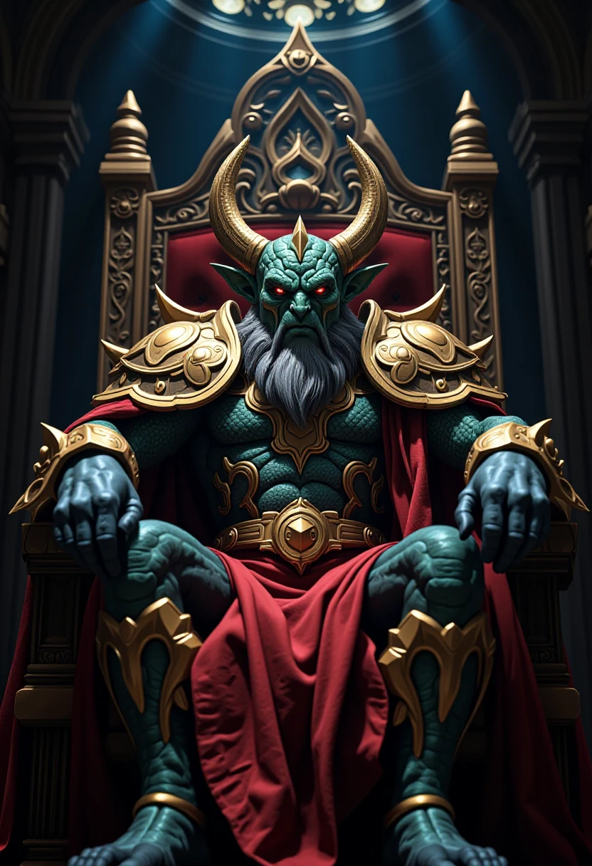 stunning nature photography, high quality, hybrid creature, Ganondorf Logia sitting on his throne in the throne room, dramatic lighting, close-up view, dramatic composition, dark background, detailed scales, majestic, vibrant colors, sharp details, piercing eyes, realistic texture, HD, UHD, 8k