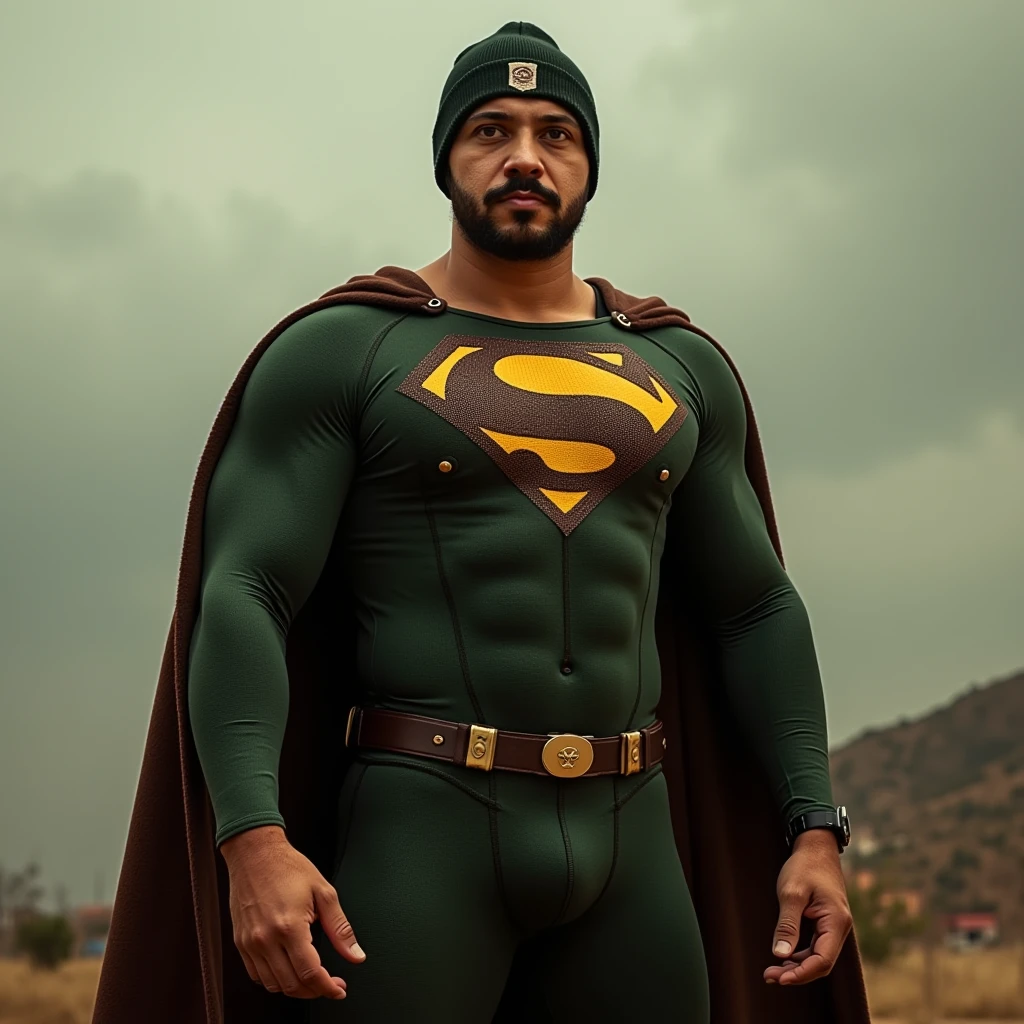 A superhero resembling Superman. ch0rume man is a muscular man with short dark hair, wearing a tight-fitting suit and wearing a beanie. His suit is dark green and brown, symbolizing toxic sludge, with a biohazard symbol on his chest instead of the Superman 'SC'. He wears a flowing cape and stands heroically, ready to fight pollution